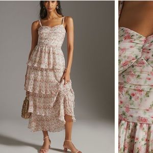 Anthropologie Floral Midi Dress - Pink and White